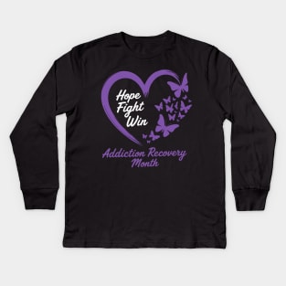 Hope Fight Win Addiction Recovery Month Purple Heart Kids Long Sleeve T-Shirt